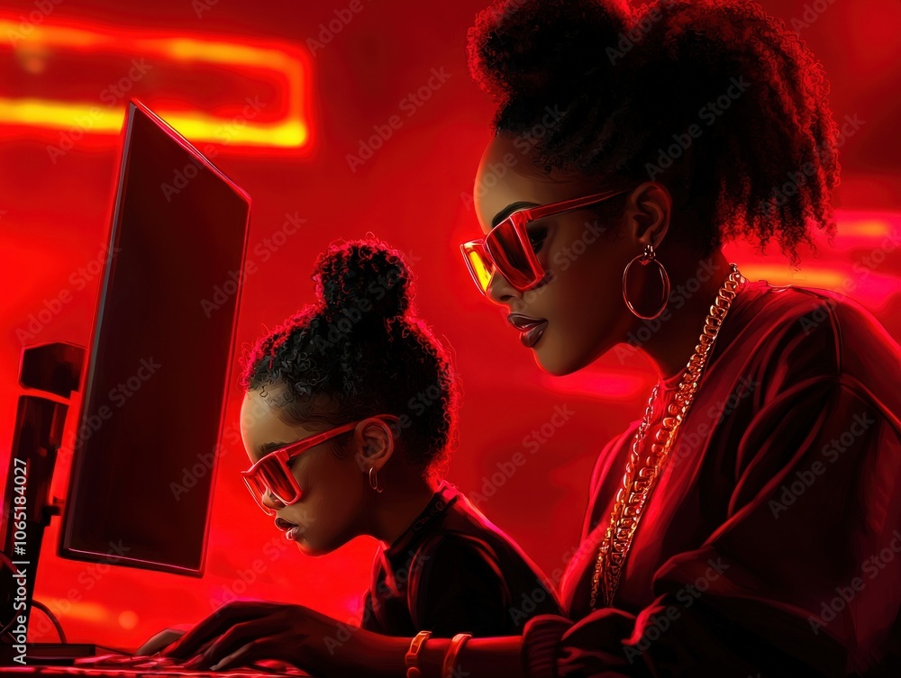 Poster mother and child collaborate using technology in a modern workspace