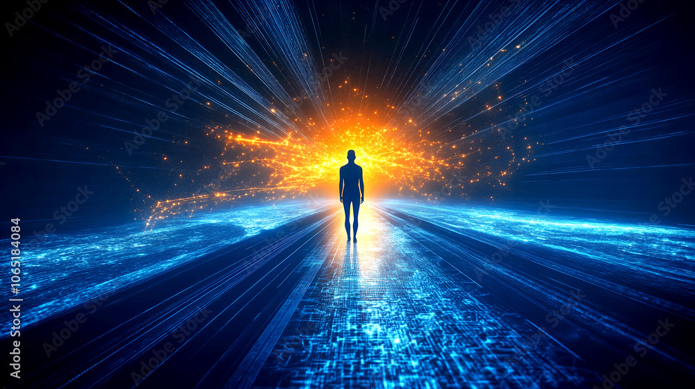 Aufkleber person walking into digital light portal representing concept of technology advancement and data int