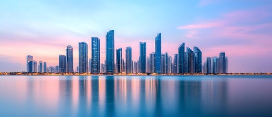 Obraz premium Sleek skyline of skyscrapers with glass and steel towers reflecting the glowing lights at dusk in the modern bustling city Capturing the beauty and energy of the contemporary metropolitan landscape