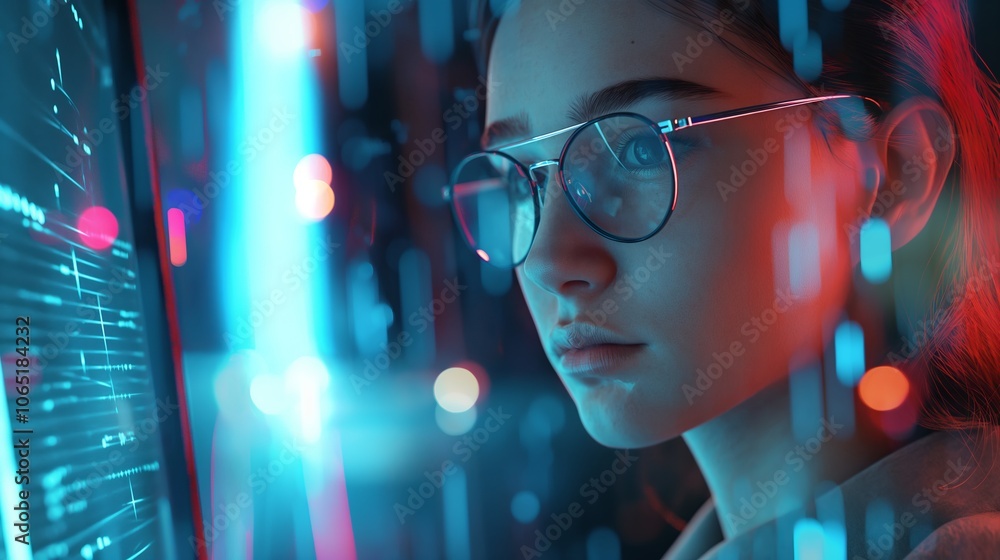 Poster a young professional with glasses in a hightech environment, focused on a virtual interface with vib