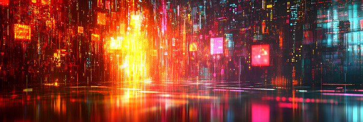 Fototapeta premium Glowing digital data landscape with bright lights representing data transfer and futuristic technology concept background