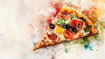 Abstract pizza slice with vibrant toppings on a soft watercolor background, inspired by Italian cuisine