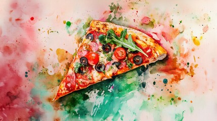 Abstract pizza slice with vibrant toppings on a soft watercolor background, inspired by Italian cuisine