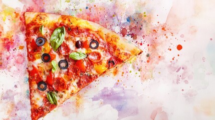 Abstract pizza slice with vibrant toppings on a soft watercolor background, inspired by Italian cuisine