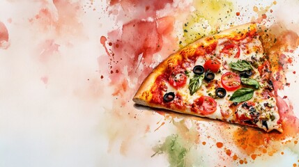 Abstract pizza slice with vibrant toppings on a soft watercolor background, inspired by Italian cuisine