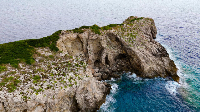 Nisida Kravi, Arillas, Kerkyra, Greece. Aerial drone view.