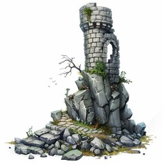 Obraz premium Ancient stone tower standing on rocks with broken path leading to it, symbolizing loneliness, decay and abandonment