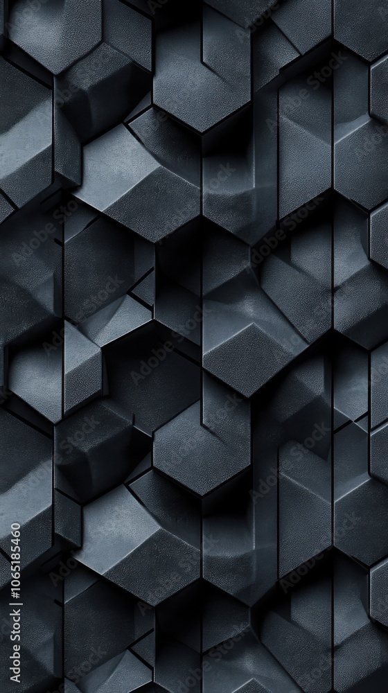 Poster a striking geometric black abstract pattern, featuring a mixture of sharp angles and smooth surfaces
