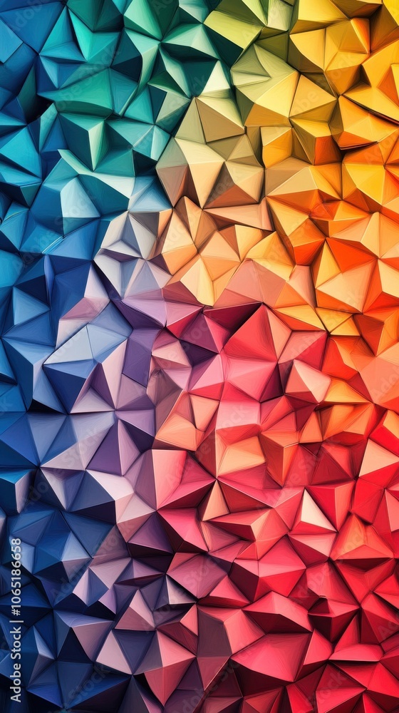 Poster a vibrant composition of multicolored paper triangles in pastel shades, creating an abstract geometr