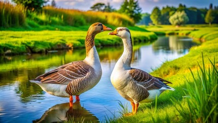 Obraz premium Embden geese graze on riverbank grass, a tranquil Chinese scene.