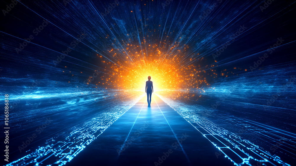 Aufkleber person walking into digital light portal representing concept of technology advancement and data int