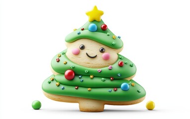 Fototapeta premium 3D Christmas tree cookie character with green frosting, colorful sprinkle ornaments, and a cheerful expression, bright and festive on a white background