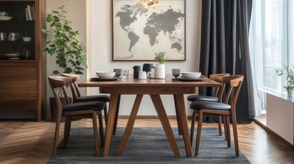 Obraz premium Modern Dining Room with Stylish Furniture and World Map Art