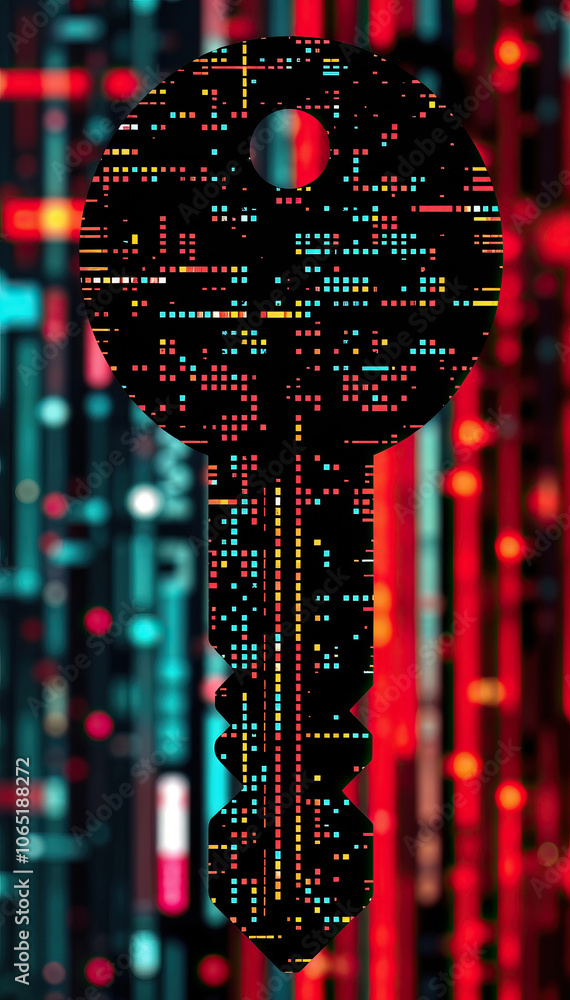 Aufkleber digital key shape with glowing red blue circuit patterns hacking encryption cybersecurity digital access technology vertical format