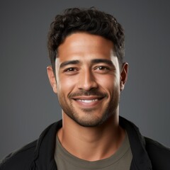 Fototapeta premium Man with a friendly smile in a casual polo shirt against a solid color studio backdrop