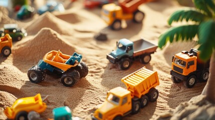 Fototapeta premium Abstract toy trucks and construction vehicles on a sandy background, evoking imaginative play