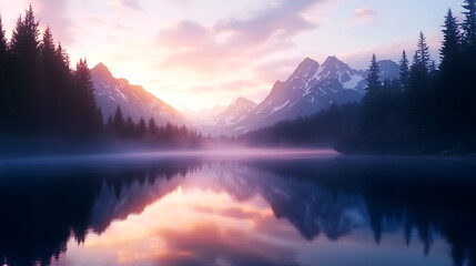 Fototapeta premium Majestic mountains reflected in a tranquil lake at sunrise with pink sky creating a serene wellness atmosphere