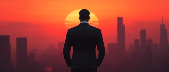 Fototapeta premium Businessman Silhouette Overlooking Illuminated Cityscape at Sunrise Conveying Control Influence and Leadership in the Corporate World