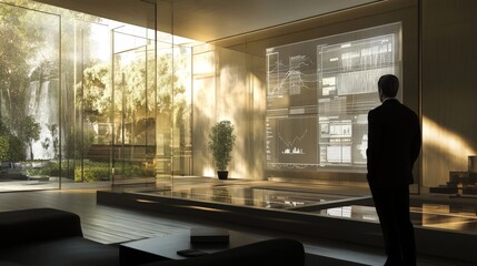 Business_Executive_analyzing_financial_graphs_on_a_transparent_screen_with_wide_shot_natural_daylight_corporate_office