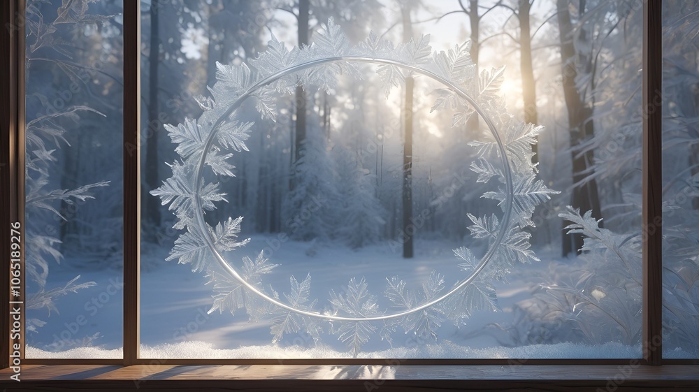 Poster frosted window with a circular snowflake design overlooking a winter forest for serene decor