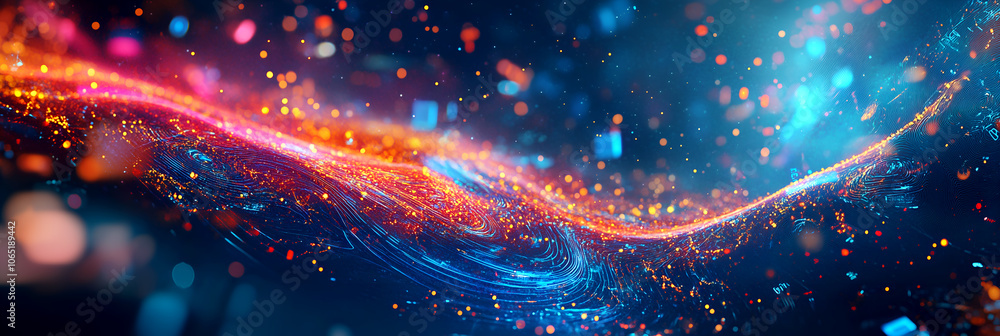 Poster vibrant abstract digital wave of glowing particles and light trails in dynamic motion, creating an e
