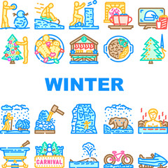 Naklejka premium winter spend time snow skiing icons set vector. fireplace cocoa, sledding hibernation, frost cozy, holidays, ice, sweater, cabin winter spend time snow skiing color line illustrations