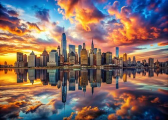 Fototapeta premium Breathtaking New York City Skyline at Sunset with Colorful Clouds and Stunning Reflections Over the Water