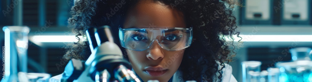 Poster a dedicated scientist peers into a microscope in a high-tech laboratory, surrounded by scientific eq
