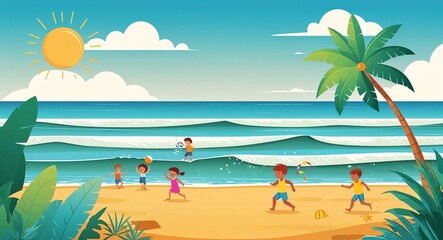 Obraz premium Sunny beach illustration with gentle waves clear skies kids playing