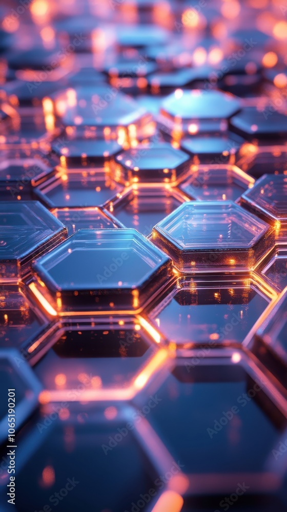 Poster abstract hexagonal pattern in a dark blue hue with glowing blue and purple accents, creating a futur
