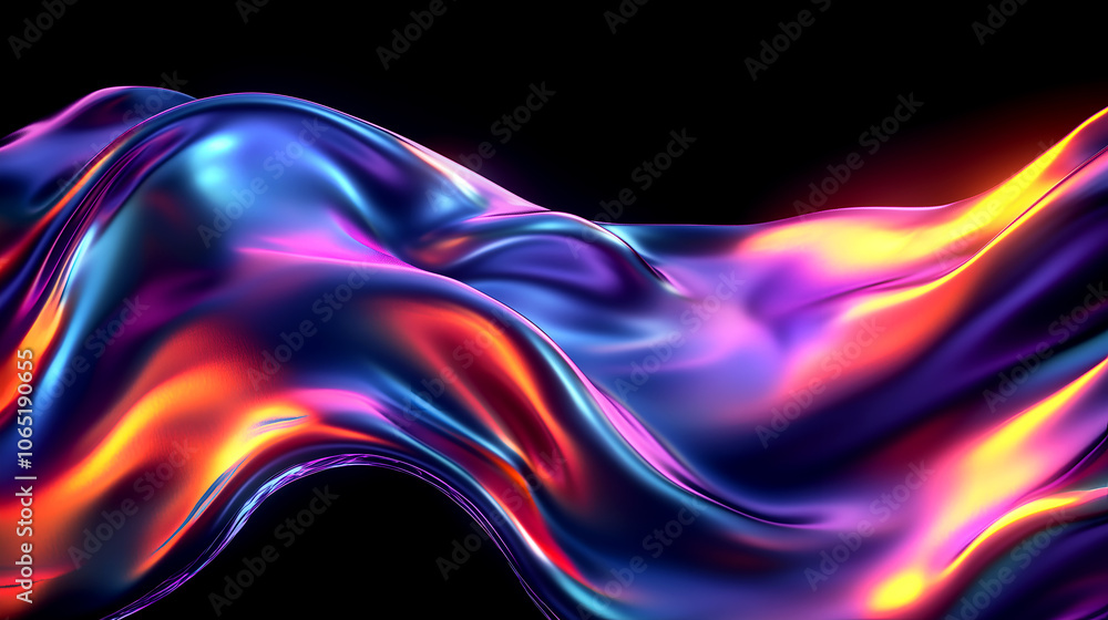 Poster iridescent abstract fluid shape with vibrant colors floating on a dark background for modern digital