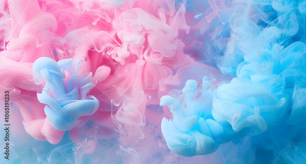 Poster abstract background with pink and blue ink in water, creating smoke-like patterns.