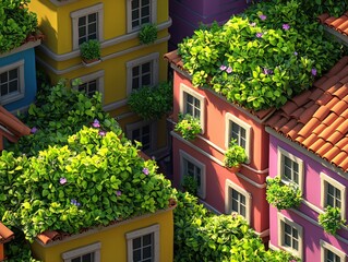 Colorful Buildings Embrace Nature with Lush Greenery