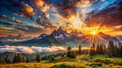 Breathtaking Sunrise in the Mountains with Dramatic Clouds and Sky, Scenic Landscape Photography, Nature Awakening, Outdoor Adventure, Tranquil Morning, Majestic Peaks, Serene Atmosphere