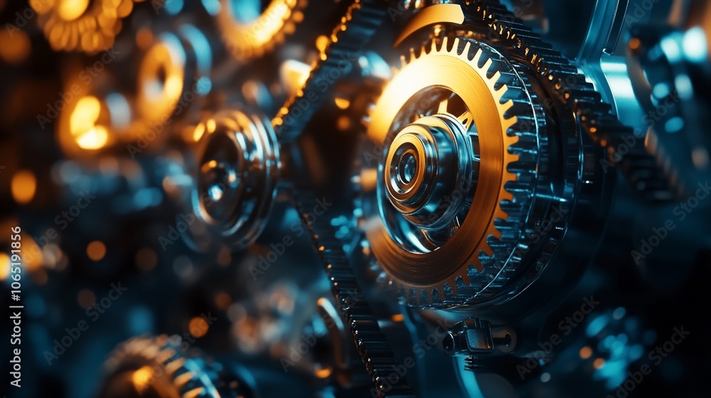 Poster close-up of a complex gear system with a timing belt. the gears are made of metal and are shiny. the