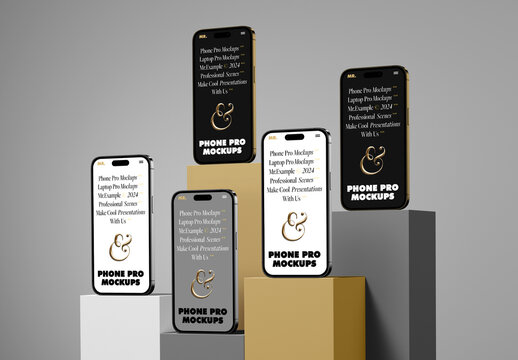 Five Phone Pro Standing On Cubic Mockups