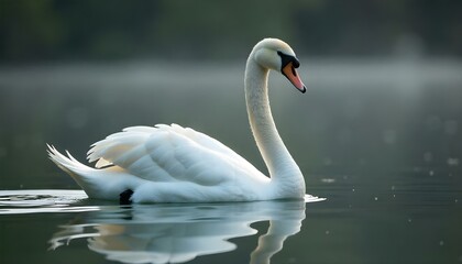 Obraz premium Candid Trumpeter Swan swimming on a serene lake, showcasing elegant neck and feather reflections.