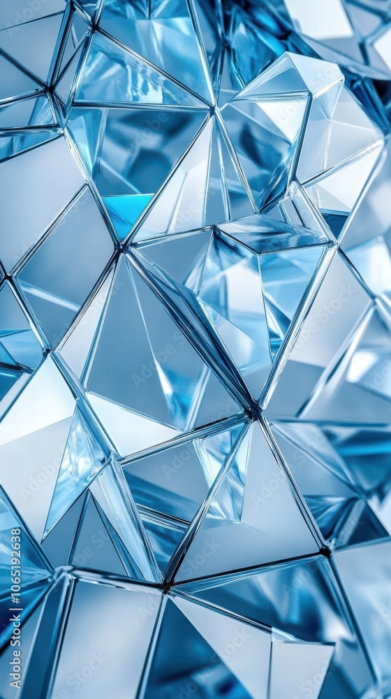 Poster abstract geometric background in shades of blue and purple with sharp, angular facets creating depth