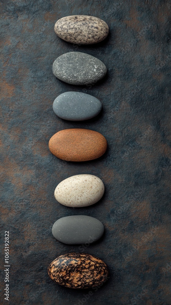 Poster a serene composition of smooth stones and delicate greenery, creating a peaceful and calming atmosph