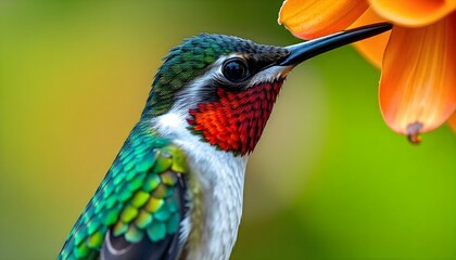 Fototapeta premium Close-up of female ruby-throated hummingbird with iridescent feathers feeding on a colorful flower