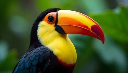 Fototapeta premium Close-up of a toucan highlighting vivid beak colors and feather texture blurred tropical foliage
