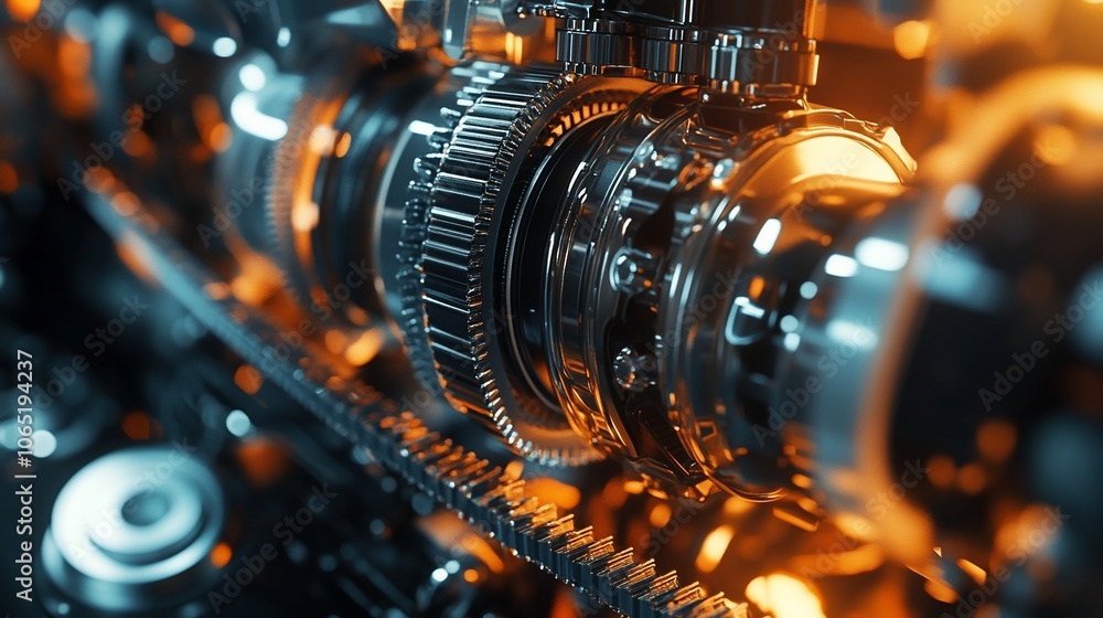 Poster close-up of a metallic gear system with a warm glow in the background.