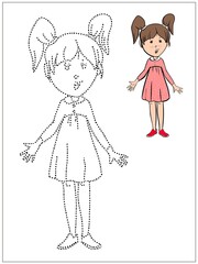 Girl in a red dress, cartoon character, illustration for coloring, for tracing, educational game for preschool children
