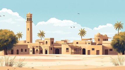 Emirati heritage village with wind tower and traditional buildings, copy space