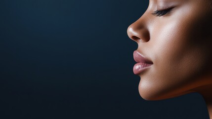 Close-up profile of a woman's face highlighting her smooth skin and elegant features against a dark background.