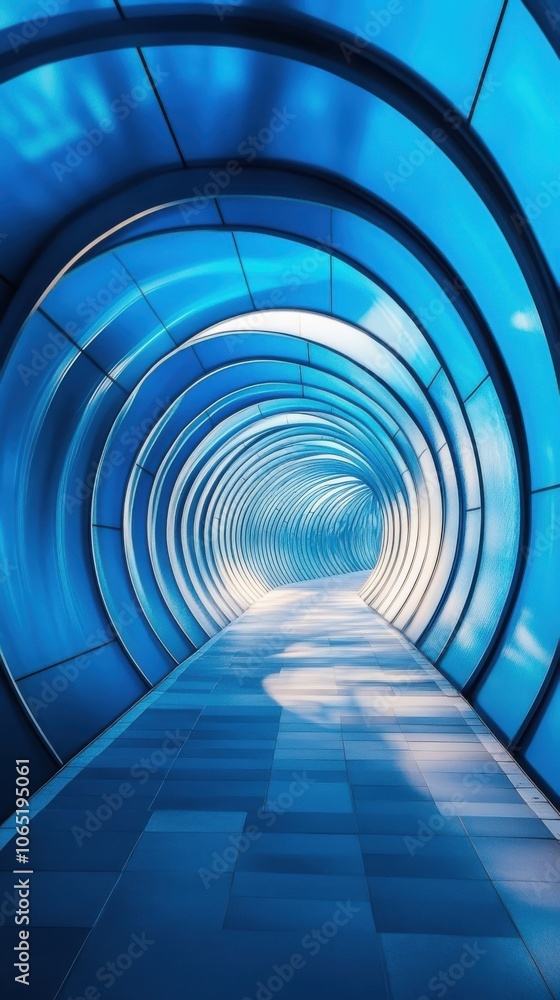 Poster abstract architectural design featuring blue curved shapes and lines, creating a serene and modern a