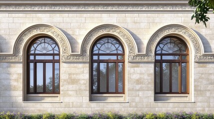 Fototapeta premium Facade with arch windows and decorative stone trim, plenty of room for text