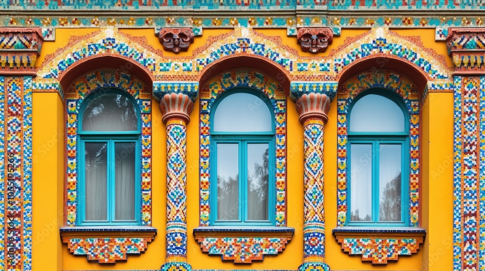 Aufkleber facade with colorful mosaic tiles in artistic patterns, blank space