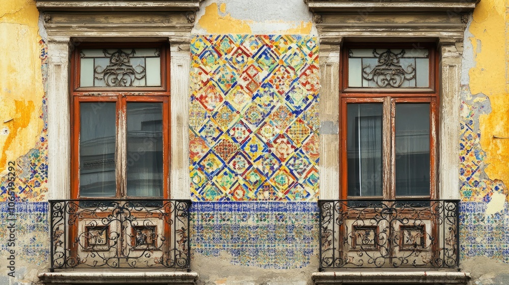 Poster facade with colorful mosaic tiles in artistic patterns, blank space