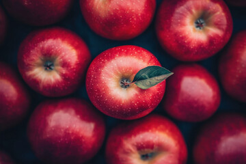 A red apple with a leaf, there are a lot of red apples around. Delicious and juicy. On a dark background